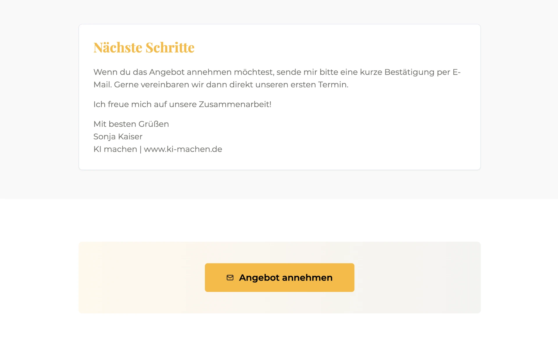 Screenshot: Individualisierte Angebotsseite mit Kundennamen, passendem Leistungsumfang und Zusage-Button