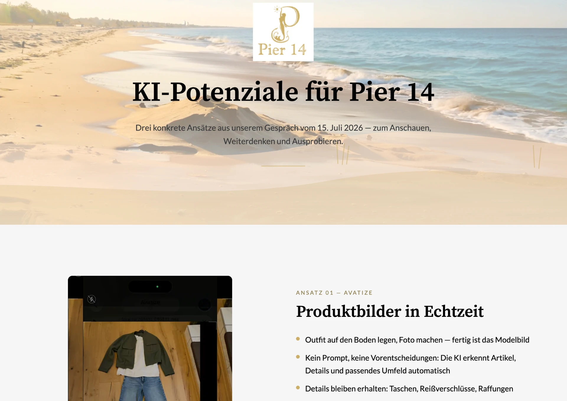 Screenshot: Landingpage für Pier 14 mit KI-Potenzialen und persönlichem Bezug