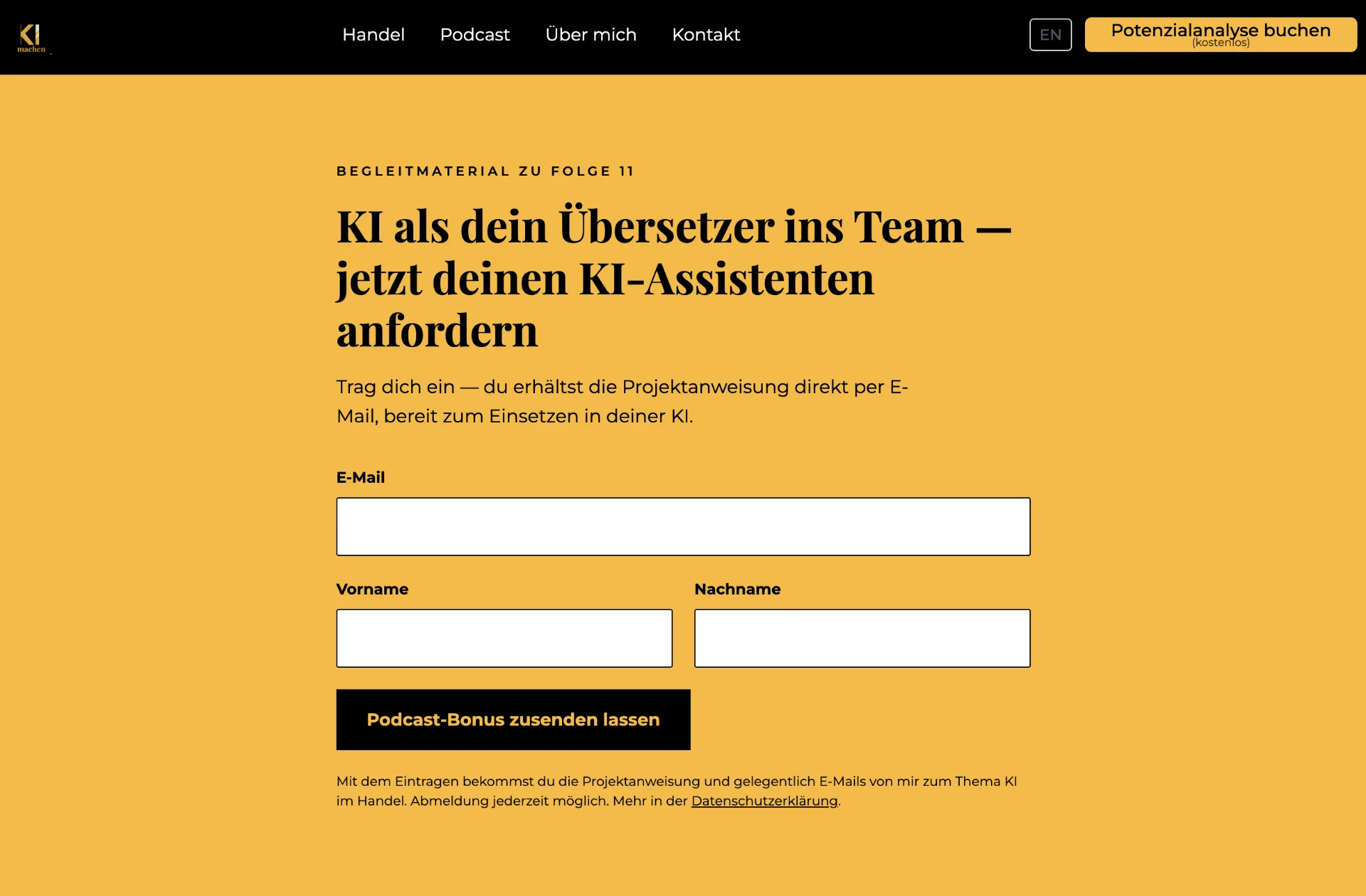 Screenshot: Kontaktstrecke mit Formular und der Anbindung an das Newsletter-Werkzeug
